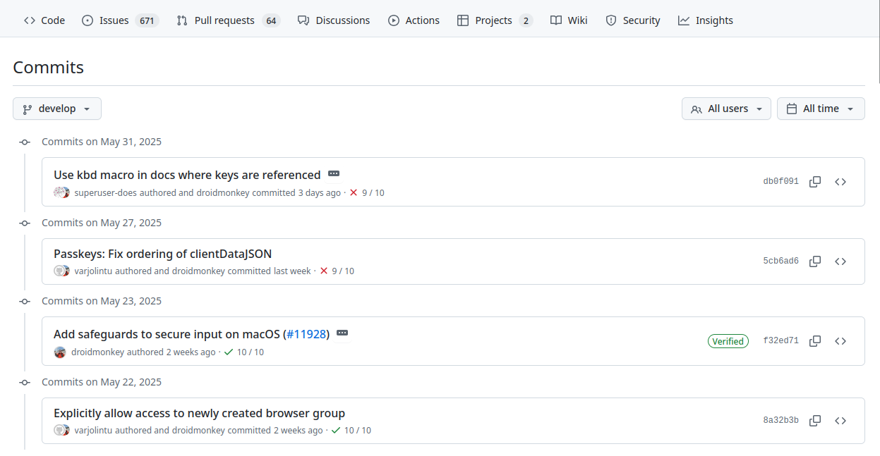 Screenshot des KeepassXC-Commits auf Github, abgerufen am 03.06.2025